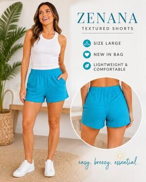Zenana Aqua Textured Lounge Shorts Elastic Waist Pockets Size large NIB